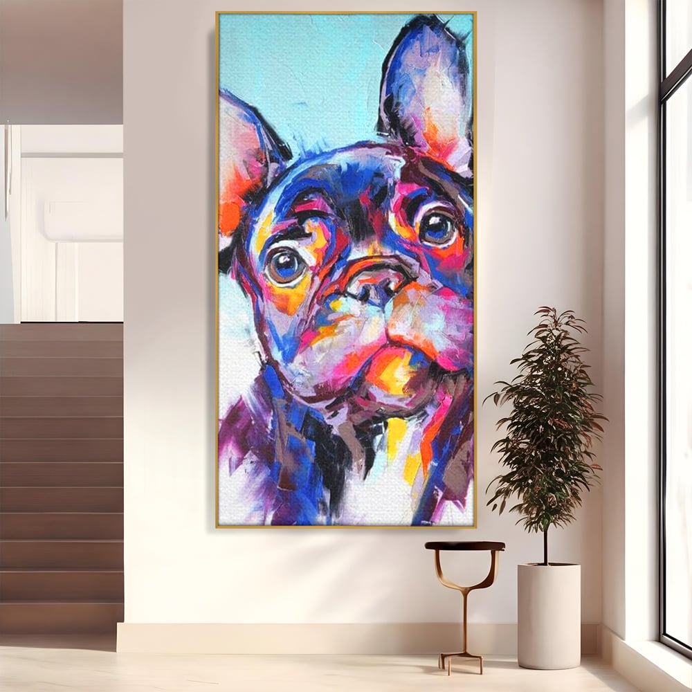 Tablou canvas cu tablou canvas cu bulldog in stil pop art, in rama de aluminiu auriu